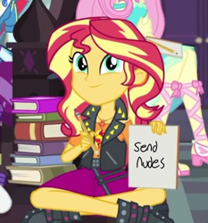 Size: 400x430 | Tagged: safe, edit, edited screencap, screencap, character:sunset shimmer, episode:the finals countdown, g4, my little pony: equestria girls, my little pony:equestria girls, book, paper, pencil, send nudes, smiling