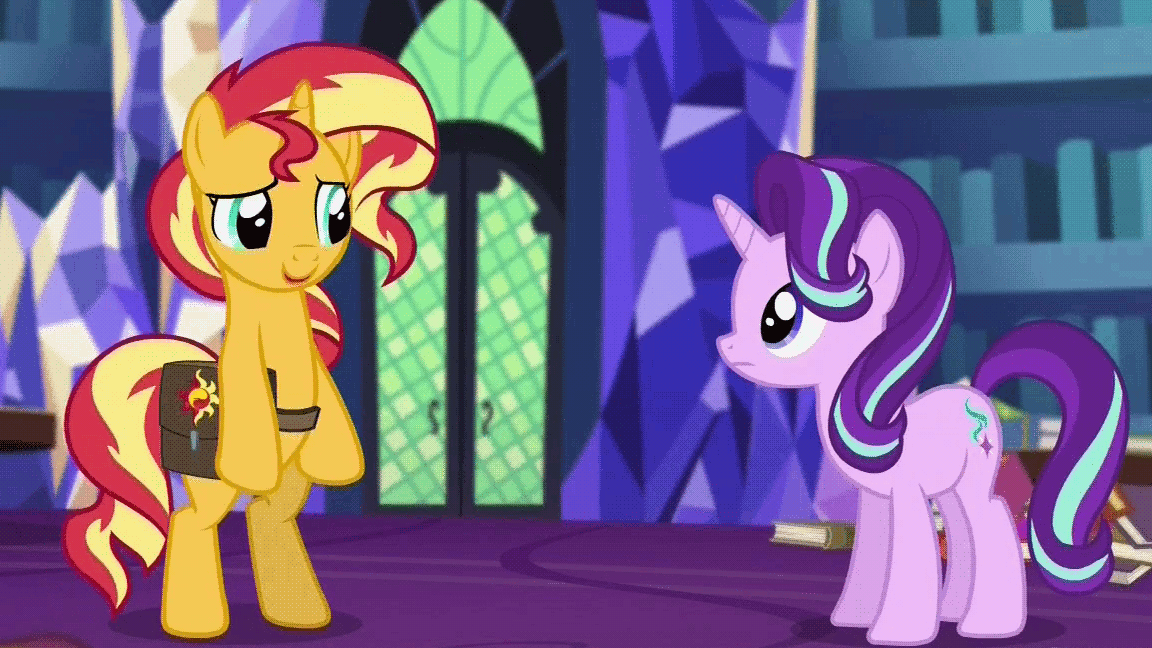 Size: 1152x648 | Tagged: safe, edit, screencap, character:starlight glimmer, character:sunset shimmer, species:pony, species:unicorn, equestria girls:mirror magic, g4, my little pony: equestria girls, my little pony:equestria girls, spoiler:eqg specials, animated, belt, bipedal, book, cropped, cute, dancing, female, gif, in the human world for too long, journal, looking over shoulder, loop, mare, saddle bag, smiling, stare, talking, turning, twilight's castle, twilight's castle library