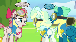 Size: 1280x720 | Tagged: safe, edit, edited screencap, screencap, character:angel wings, character:sky stinger, character:vapor trail, episode:top bolt, g4, my little pony: friendship is magic, canon oc, clothing, cute, dialogue, diawinges, hair bow, implied spitfire, speech bubble, uniform, wonderbolt trainee uniform
