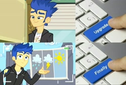 Size: 3037x2048 | Tagged: safe, edit, edited screencap, screencap, character:flash sentry, episode:best trends forever, equestria girls:equestria girls, g4, my little pony: equestria girls, my little pony:equestria girls, clothing, comparison, exploitable meme, haircut, handsome, hoodie, jacket, keyboard, male, meme, solo, television, upgrade, upgrade meme, weather