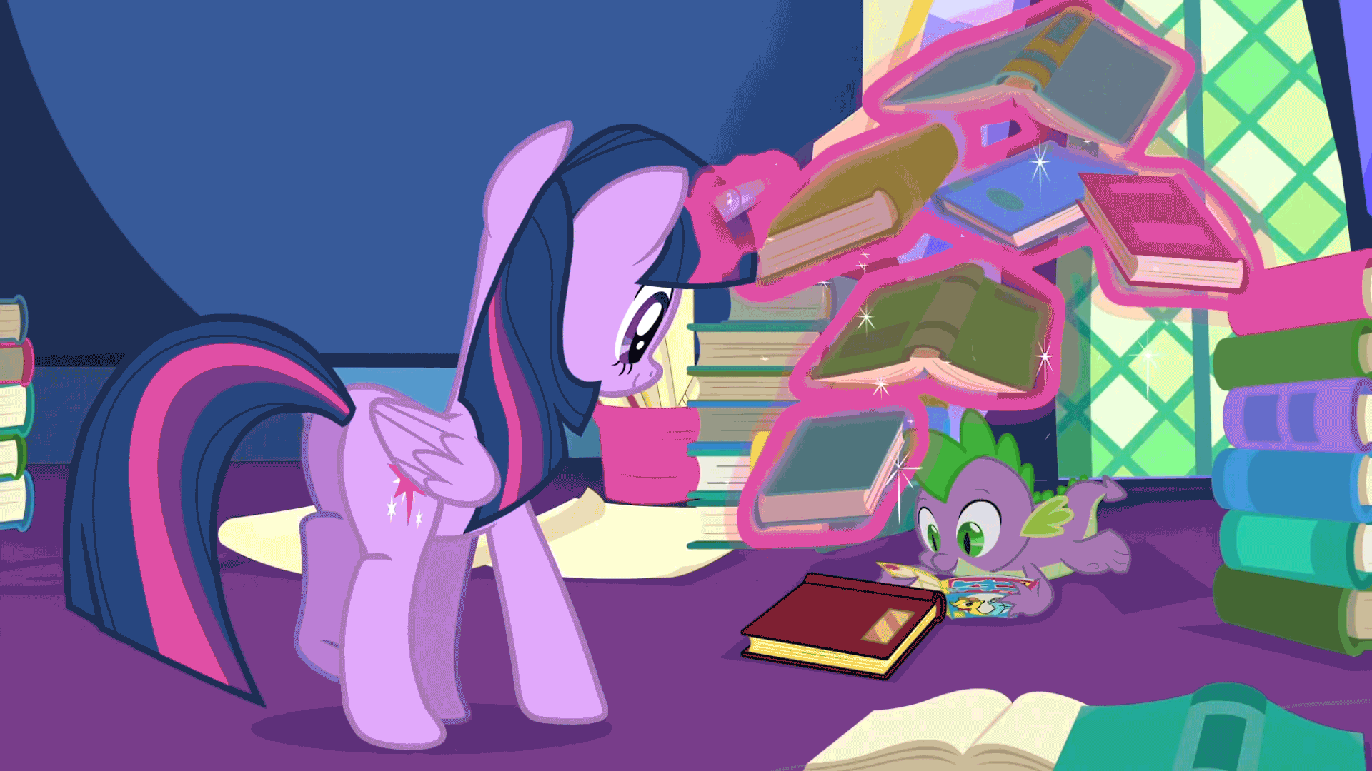 Size: 1920x1080 | Tagged: safe, edit, edited screencap, screencap, character:fluttershy, character:spike, character:twilight sparkle, character:twilight sparkle (alicorn), species:alicorn, species:dragon, species:pegasus, species:pony, episode:the hooffields and mccolts, g4, my little pony: friendship is magic, abuse, animated, book, flutterbuse, gif, library, slapstick, sound at source, throwing, throwing things at fluttershy, twilight's castle, video at source