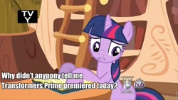 Size: 960x540 | Tagged: safe, edit, edited screencap, screencap, character:twilight sparkle, species:pony, species:unicorn, female, fourth wall, frown, golden oaks library, hub logo, mare, roflbot, transformers, tv rating