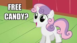 Size: 600x338 | Tagged: safe, edit, edited screencap, screencap, character:sweetie belle, species:pony, species:unicorn, candy, female, filly, happy, image macro, solo