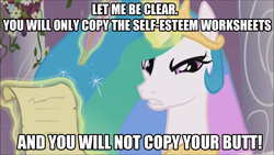 Size: 1280x720 | Tagged: safe, edit, edited screencap, screencap, character:princess celestia, episode:the crystal empire, g4, my little pony: friendship is magic, angry, beavis and butthead, coach buzzcut, copy your butt, female, glare, image macro, letter, looking at you, meme, solo