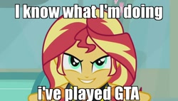 Size: 960x546 | Tagged: safe, edit, edited screencap, screencap, character:sunset shimmer, episode:driving miss shimmer, g4, my little pony: equestria girls, my little pony:equestria girls, female, grand theft auto, image macro, meme, solo, this will end in tears, this will end in tears and/or death