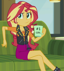 Size: 800x890 | Tagged: safe, edit, edited screencap, screencap, character:sunset shimmer, episode:text support, g4, my little pony: equestria girls, my little pony:equestria girls, boots, chair, clothing, couch, crossed legs, drink, female, food, geode of empathy, jewelry, legs, light, magical geodes, mug, necklace, pendant, shoes, sitting, skirt, smiling, smirk, smug, smugset shimmer, solo, tea, text, text support: sunset shimmer, vest