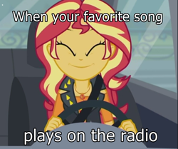 Size: 875x733 | Tagged: safe, edit, edited screencap, screencap, character:sunset shimmer, episode:driving miss shimmer, g4, my little pony: equestria girls, my little pony:equestria girls, car, cutie mark, cutie mark on clothes, driving, female, geode of empathy, image macro, jewelry, magical geodes, meme, necklace, pendant, seatbelt, solo, steering wheel, text, text edit