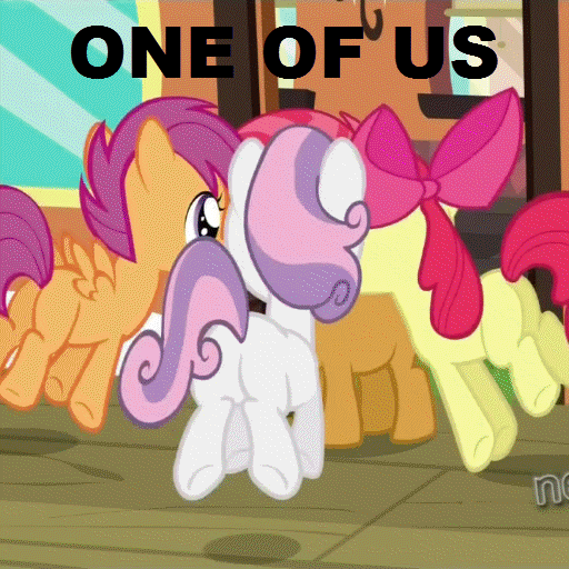 Size: 512x512 | Tagged: safe, edit, edited screencap, screencap, character:apple bloom, character:babs seed, character:scootaloo, character:sweetie belle, species:pegasus, species:pony, episode:one bad apple, g4, my little pony: friendship is magic, animated, butt, caption, cutie mark crusaders, freaks, image macro, jumping, one of us, plot, sweetie butt