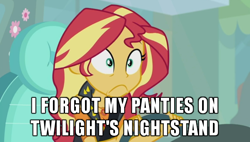 Size: 600x341 | Tagged: safe, edit, edited screencap, screencap, character:sunset shimmer, episode:driving miss shimmer, g4, my little pony: equestria girls, my little pony:equestria girls, caption, car, driving miss shimmer: fluttershy, faec, female, image macro, implied lesbian, implied scitwishimmer, implied sex, implied shipping, implied sunsetsparkle, meme, solo