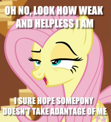 Size: 921x1010 | Tagged: safe, edit, edited screencap, screencap, character:fluttershy, species:pegasus, species:pony, aren't you going to ravish me?, bedroom eyes, dialogue, english, female, grammar error, helpless, image macro, lidded eyes, meme, misspelling, open mouth, raised eyebrow, solo, teasing