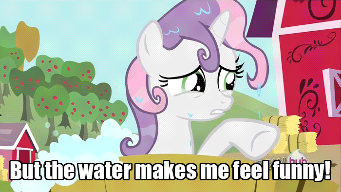 Size: 700x394 | Tagged: safe, edit, edited screencap, screencap, character:sweetie belle, species:pony, species:unicorn, friendship is witchcraft, sweetie bot, episode:one bad apple, g4, my little pony: friendship is magic, animated, apple tree, bath, caption, eyes closed, female, filly, foal, gif, hilarious in hindsight, hooves, horn, image macro, meme, open mouth, outdoors, robot, solo, teeth, text, tree, water, wet mane