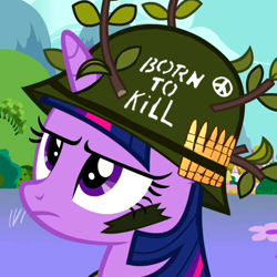 Size: 421x421 | Tagged: safe, edit, edited screencap, screencap, character:twilight sparkle, species:pony, species:unicorn, army, born to kill, bullet, camouflage, female, full metal jacket, helmet, mare, peace sign, solo