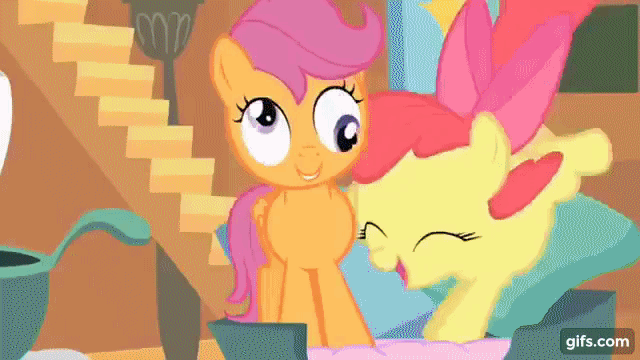 Size: 640x360 | Tagged: safe, edit, edited screencap, screencap, character:apple bloom, character:fluttershy, character:scootaloo, character:sweetie belle, species:earth pony, species:pegasus, species:pony, species:unicorn, episode:stare master, episode:the show stoppers, g4, my little pony: friendship is magic, angry, animated, annoyed, appleloosan psychiatrist, cute, cutie mark crusaders, eyes closed, female, filly, frontier psychiatrist, frown, gifs.com, glare, head shake, headbang, laughing, mare, open mouth, pmv, pronking, raised hoof, sitting, smiling, unamused, youtube link