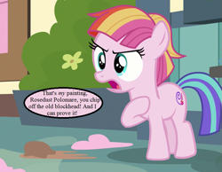 Size: 729x567 | Tagged: safe, edit, edited screencap, screencap, character:toola roola, species:earth pony, species:pony, episode:fame and misfortune, g4, my little pony: friendship is magic, angry, cropped, dialogue, female, filly, implied oc, pun, speech bubble, toola roola will be painting away