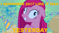 Size: 530x298 | Tagged: safe, edit, edited screencap, screencap, character:pinkamena diane pie, character:pinkie pie, episode:party of one, g4, my little pony: friendship is magic, 2017, clothing, hat, image macro, madame leflour, meme, party hat