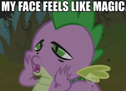Size: 649x467 | Tagged: safe, edit, edited screencap, screencap, character:spike, species:dragon, episode:friendship is magic, g4, my little pony: friendship is magic, caption, high, hub logo, hubble, male, solo, stoner spike, the hub