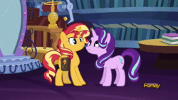 Size: 1920x1080 | Tagged: safe, edit, screencap, character:starlight glimmer, character:sunset shimmer, species:pony, equestria girls:mirror magic, g4, my little pony: equestria girls, my little pony:equestria girls, spoiler:eqg specials, animated, book, bookshelf, cute, discovery family logo, dubbing, female, glimmerbetes, japanese, japanese dub, library, mare, saddle bag, sound, twilight's castle, twilight's castle library, webm