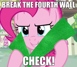 Size: 539x468 | Tagged: safe, edit, edited screencap, screencap, character:pinkie pie, species:earth pony, species:pony, episode:a friend in deed, g4, my little pony: friendship is magic, check, female, fourth wall, image macro, mare, solo