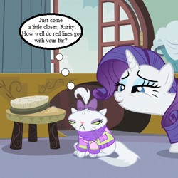 Size: 450x450 | Tagged: safe, edit, edited screencap, screencap, character:opalescence, character:rarity, episode:sisterhooves social, g4, my little pony: friendship is magic, angry, carousel boutique, clothing, cropped, laundry, sweater, this will end in pain, thought bubble