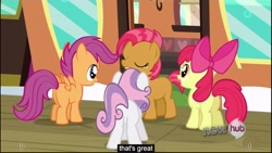 Size: 1920x1080 | Tagged: safe, edit, edited screencap, screencap, character:apple bloom, character:babs seed, character:scootaloo, character:sweetie belle, species:earth pony, species:pegasus, species:pony, species:unicorn, episode:one bad apple, g4, my little pony: friendship is magic, butt, caption, cutie mark crusaders, eyes closed, female, filly, hub logo, plot, train, youtube caption