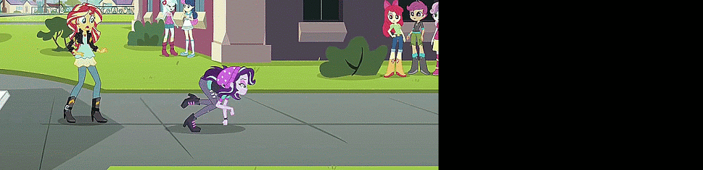 Size: 1026x249 | Tagged: safe, edit, screencap, character:apple bloom, character:bon bon, character:lyra heartstrings, character:scootaloo, character:starlight glimmer, character:sunset shimmer, character:sweetie belle, character:sweetie drops, species:pegasus, species:pony, equestria girls:mirror magic, g4, my little pony: equestria girls, my little pony:equestria girls, spoiler:eqg specials, all fours, animated, boots, clothing, cutie mark crusaders, gif, humans doing horse things, jeans, pants, shoes, skirt, stabilized
