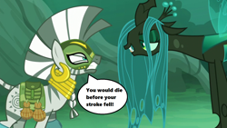 Size: 1280x720 | Tagged: safe, edit, edited screencap, screencap, character:queen chrysalis, character:zecora, species:changeling, episode:the cutie re-mark, season 5, alternate timeline, changeling queen, chrysalis resistance timeline, dialogue, ear piercing, earring, everfree forest, female, jewelry, legolas, lord of the rings, movie quote, piercing, speech bubble, the two towers