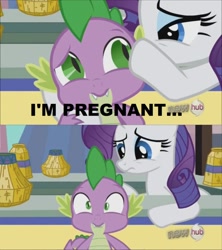 Size: 842x948 | Tagged: safe, edit, edited screencap, screencap, character:rarity, character:spike, species:dragon, species:pony, species:unicorn, ship:sparity, caption, comic, female, male, mare, out of context, pregnant, screencap comic, shipping, straight