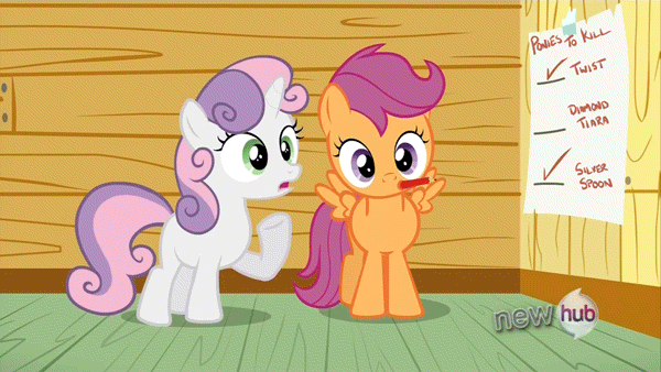 Size: 600x338 | Tagged: safe, edit, edited screencap, screencap, character:scootaloo, character:sweetie belle, species:pegasus, species:pony, species:unicorn, episode:one bad apple, g4, my little pony: friendship is magic, animated, checklist, grin, hit list, mouth hold, pure unfiltered evil, smiling