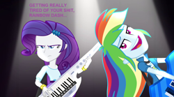 Size: 1280x714 | Tagged: safe, edit, edited screencap, screencap, character:rainbow dash, character:rarity, equestria girls:rainbow rocks, g4, my little pony: equestria girls, my little pony:equestria girls, awesome as i want to be, guitar, keytar, musical instrument, rainbow dash is best facemaker, rarity is not amused, unamused, vulgar