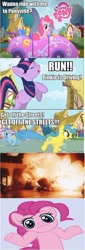 Size: 614x1813 | Tagged: safe, edit, edited screencap, screencap, character:pinkie pie, character:twilight sparkle, character:twilight sparkle (unicorn), species:earth pony, species:pony, species:unicorn, bipedal, comic, explosion, female, mare