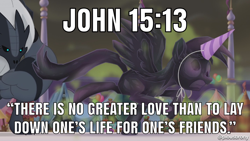 Size: 1920x1080 | Tagged: safe, edit, edited screencap, screencap, character:derpy hooves, species:pegasus, species:pony, my little pony: the movie (2017), bible verse, christianity, clothing, derpy's sacrifice, epic derpy, hat, love, party hat, petrification, religion, sacrifice