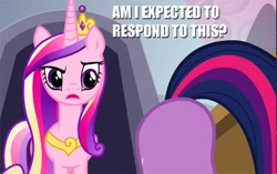 Size: 560x352 | Tagged: safe, edit, edited screencap, screencap, character:queen chrysalis, character:twilight sparkle, species:alicorn, species:pony, episode:a canterlot wedding, g4, my little pony: friendship is magic, ass up, caption, dialogue, fake cadance, female, mare, plot