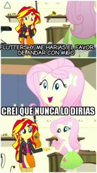 Size: 415x738 | Tagged: safe, edit, edited screencap, screencap, character:fluttershy, character:sunset shimmer, ship:sunshyne, episode:pet project, eqg summertime shorts, g4, my little pony: equestria girls, my little pony:equestria girls, female, lesbian, meme, shipping, spanish