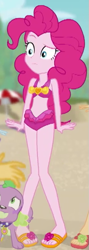Size: 249x696 | Tagged: safe, edit, edited screencap, screencap, character:pinkie pie, character:spike, character:spike (dog), species:dog, equestria girls:forgotten friendship, g4, my little pony: equestria girls, my little pony:equestria girls, clothing, cropped, feet, midriff, sandals, swimsuit, swimsuit edit