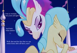 Size: 1053x729 | Tagged: safe, edit, edited screencap, screencap, character:princess skystar, character:queen novo, species:classical hippogriff, species:hippogriff, my little pony: the movie (2017), canterlot, cropped, female, hug, mother and daughter, pennant