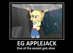 Size: 1063x769 | Tagged: safe, edit, edited screencap, screencap, character:applejack, equestria girls:legend of everfree, g4, my little pony: equestria girls, my little pony:equestria girls, carrying, cute, do you even lift, female, grin, image macro, jackabetes, meme, motivational poster, rock, smiling, solo, squee, strength, strong, stronk, super strength