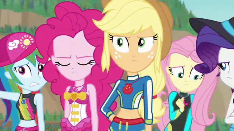 Size: 751x422 | Tagged: safe, edit, screencap, character:applejack, character:fluttershy, character:pinkie pie, character:rainbow dash, character:rarity, character:sunset shimmer, character:twilight sparkle, character:twilight sparkle (scitwi), species:eqg human, equestria girls:forgotten friendship, g4, my little pony: equestria girls, my little pony:equestria girls, animated, belly button, big boss, clothing, geode of empathy, gif, humane five, humane seven, humane six, metal gear, metal gear solid, metal gear solid: peace walker, midriff, naked snake, swimsuit, the boss
