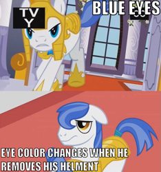 Size: 731x780 | Tagged: safe, edit, edited screencap, screencap, species:earth pony, species:pony, episode:the crystal empire, g4, my little pony: friendship is magic, animation error, blue eyes, brown eyes, image macro, male, royal guard, solo, stallion