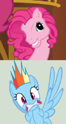 Size: 424x792 | Tagged: safe, edit, edited screencap, screencap, character:pinkie pie, character:rainbow dash, species:earth pony, species:pegasus, species:pony, episode:too many pinkie pies, g3, g4, my little pony: friendship is magic, clone, cropped, evil, female, g4 to g3, generation leap, gritted teeth, mare, meta, pinkie blind, pinkie clone, scared