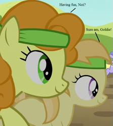 Size: 625x700 | Tagged: safe, edit, edited screencap, screencap, character:carrot top, character:cloud kicker, character:golden harvest, character:noi, episode:brotherhooves social, g4, my little pony: friendship is magic, female, racing, sisters