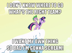 Size: 655x480 | Tagged: safe, edit, edited screencap, screencap, character:spike, character:twilight sparkle, character:twilight sparkle (unicorn), species:dragon, species:pony, species:unicorn, episode:winter wrap up, g4, my little pony: friendship is magic, caption, dragons riding ponies, duo, female, image macro, male, mare, riding, snow