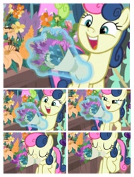 Size: 3106x4096 | Tagged: safe, edit, edited screencap, screencap, character:bon bon, character:sweetie drops, species:earth pony, species:pony, episode:it isn't the mane thing about you, g4, my little pony: friendship is magic, adorabon, amused, background pony, bon bon is amused, bouquet, cute, female, happy, mare, mouth hold, nom, sequence, solo