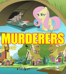 Size: 960x1080 | Tagged: safe, edit, edited screencap, screencap, character:fluttershy, character:hondo flanks, species:pegasus, species:pony, episode:dragonshy, g4, my little pony: friendship is magic, circle of life, comic, dead, feeding, female, fish, fishing, image macro, implied murder, mare, one word, smiling