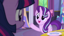 Size: 1280x720 | Tagged: safe, edit, edited screencap, screencap, character:starlight glimmer, character:twilight sparkle, character:twilight sparkle (alicorn), species:alicorn, species:pony, species:unicorn, episode:no second prances, g4, my little pony: friendship is magic, animated, banner, boop, bow, bust, curtains, dining room, exploitable meme, fork, freeze frame, friendship, glimmerposting, magic, meme, mountain, mural, pillar, plate, portrait, pouting, ribbon, sarcasm, self-boop, silverware, smug, smuglight glimmer, sound, spoon, table, talking, tree, twilight's castle, webm