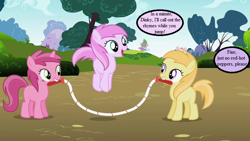 Size: 800x450 | Tagged: safe, edit, edited screencap, screencap, character:noi, character:piña colada, character:ruby pinch, character:spike, episode:lesson zero, g4, my little pony: friendship is magic, dialogue, image macro, implied dinky, jump rope, meme, mouth hold, noiabetes, pinchybetes, piña cutelada, speech bubble