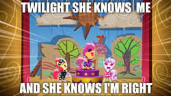 Size: 1280x720 | Tagged: safe, edit, edited screencap, screencap, character:apple bloom, character:scootaloo, character:sweetie belle, species:pegasus, species:pony, episode:the show stoppers, g4, my little pony: friendship is magic, clothing, cutie mark crusaders, genesis, image macro, implied twilight sparkle, jesus he knows me, lyrics, meme, show stopper outfits, singing, song reference, stage