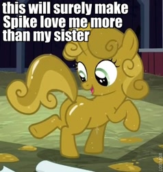 Size: 436x458 | Tagged: safe, edit, edited screencap, screencap, character:sweetie belle, ship:spikebelle, episode:one bad apple, g4, my little pony: friendship is magic, caption, female, image macro, luster dust, male, plot, roflbot, shipping, straight, sweetie gold, text