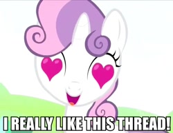 Size: 700x540 | Tagged: safe, edit, edited screencap, screencap, character:sweetie belle, episode:lesson zero, g4, my little pony: friendship is magic, caption, cropped, heart eyes, i really like her mane, thread, wingding eyes