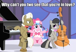 Size: 600x411 | Tagged: safe, edit, edited screencap, screencap, character:frederic horseshoepin, character:octavia melody, character:pinkie pie, episode:the best night ever, g4, my little pony: friendship is magic, bipedal, bipedal leaning, caption, clothing, dress, female, fredtavia, gala, gala dress, grand galloping gala, hoof hold, image macro, leaning, male, shipping, straight