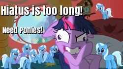 Size: 360x203 | Tagged: safe, edit, edited screencap, screencap, character:trixie, character:twilight sparkle, episode:lesson zero, g4, my little pony: friendship is magic, bronybait, cape, clothing, dialogue, hiatus, insanity, library, messy mane, multeity, picture for breezies, so much pony, too less trixie, trixie army, trixie's cape, twilight snapple